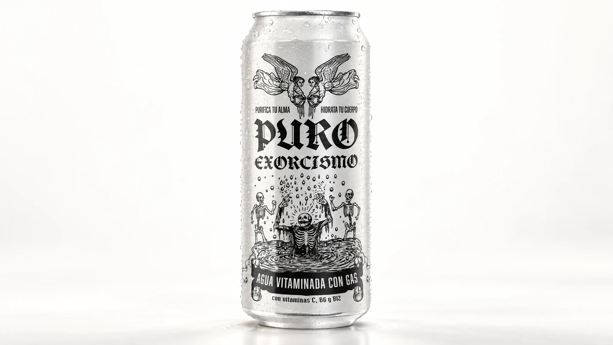 Campaña PURO EXORCISMO — lata sobre fondo claro